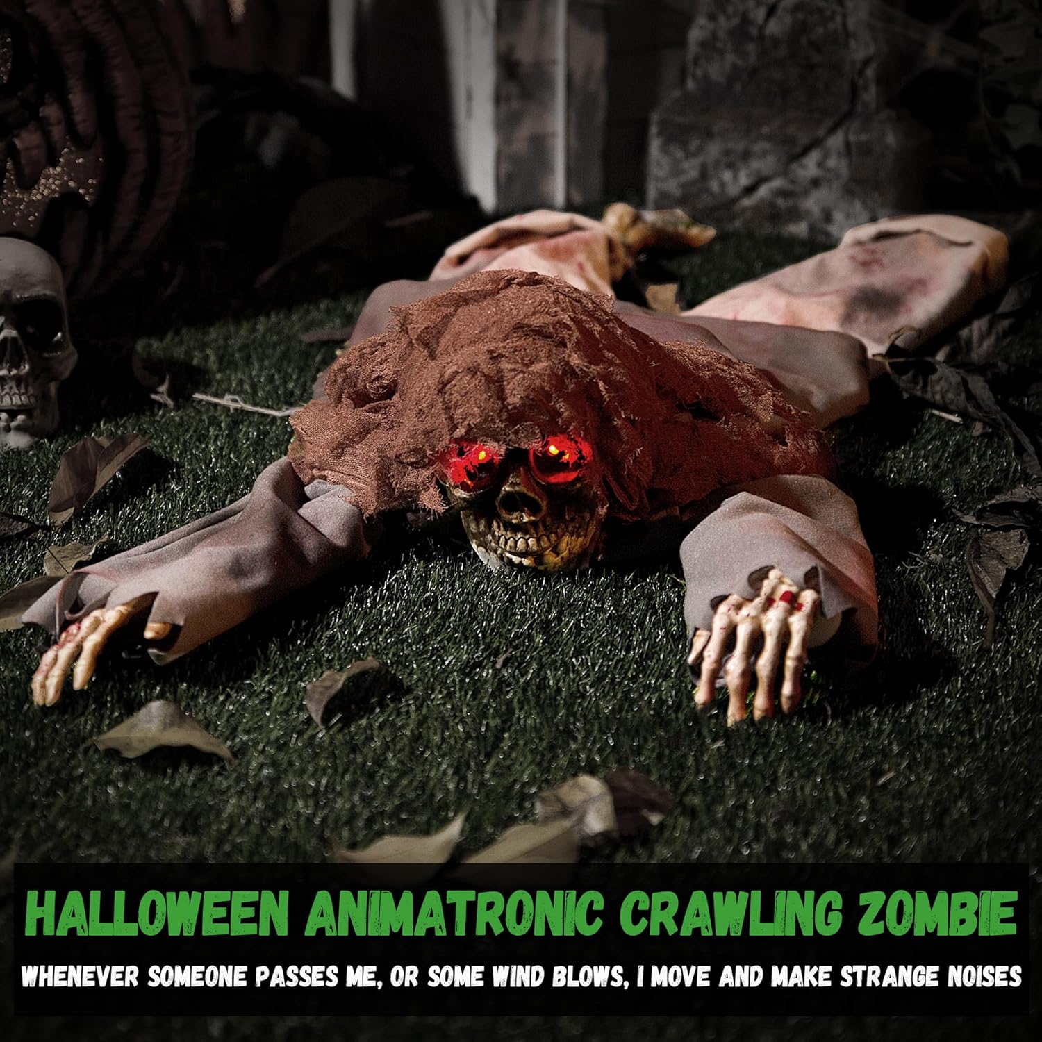 Halloween Animatronic 45" Crawling Zombie - Animated Skeleton Decorations with Sound Activated, Creepy Voice, Spooky Skull head, Light Up Eyes, Scary Move, Haunted Horror Prop for Indoor, Outdoor