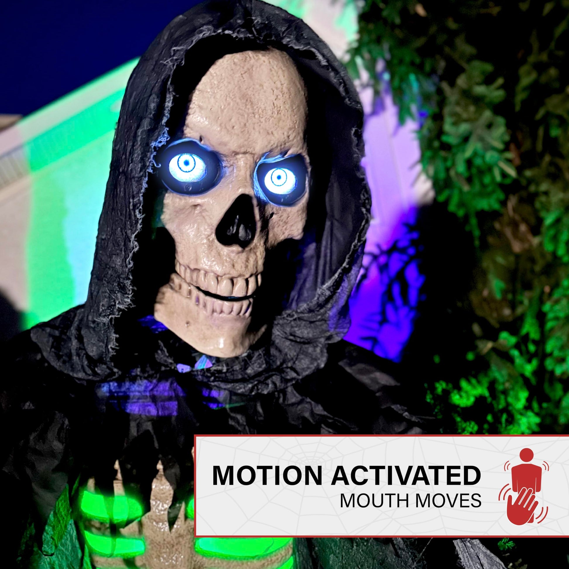 Haunted Hill Farm Motion-Activated 6-Ft. Tall Ghostly Guide, Plug-in Talking Scare Prop Animatronic with Spooky Sound Effects and Lights for Indoor or Covered Outdoor Creepy Halloween Decoration