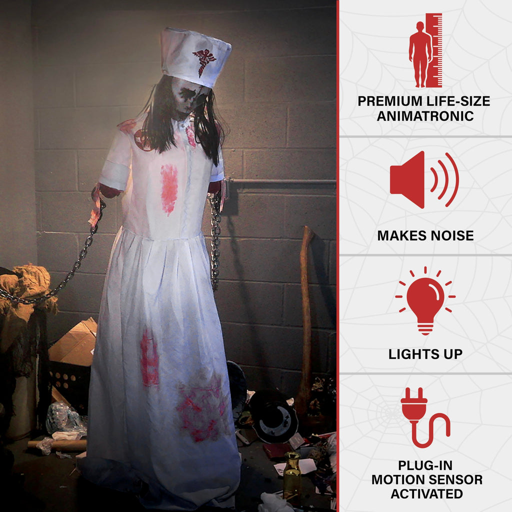 Haunted Hill Farm Lunging Pumpkin Carver Zombie Girl by Tekky, Motion-Activated Talking Halloween Animatronic for Indoor or Covered Outdoor Creepy Halloween Decorations, Plug-in or Battery Operated