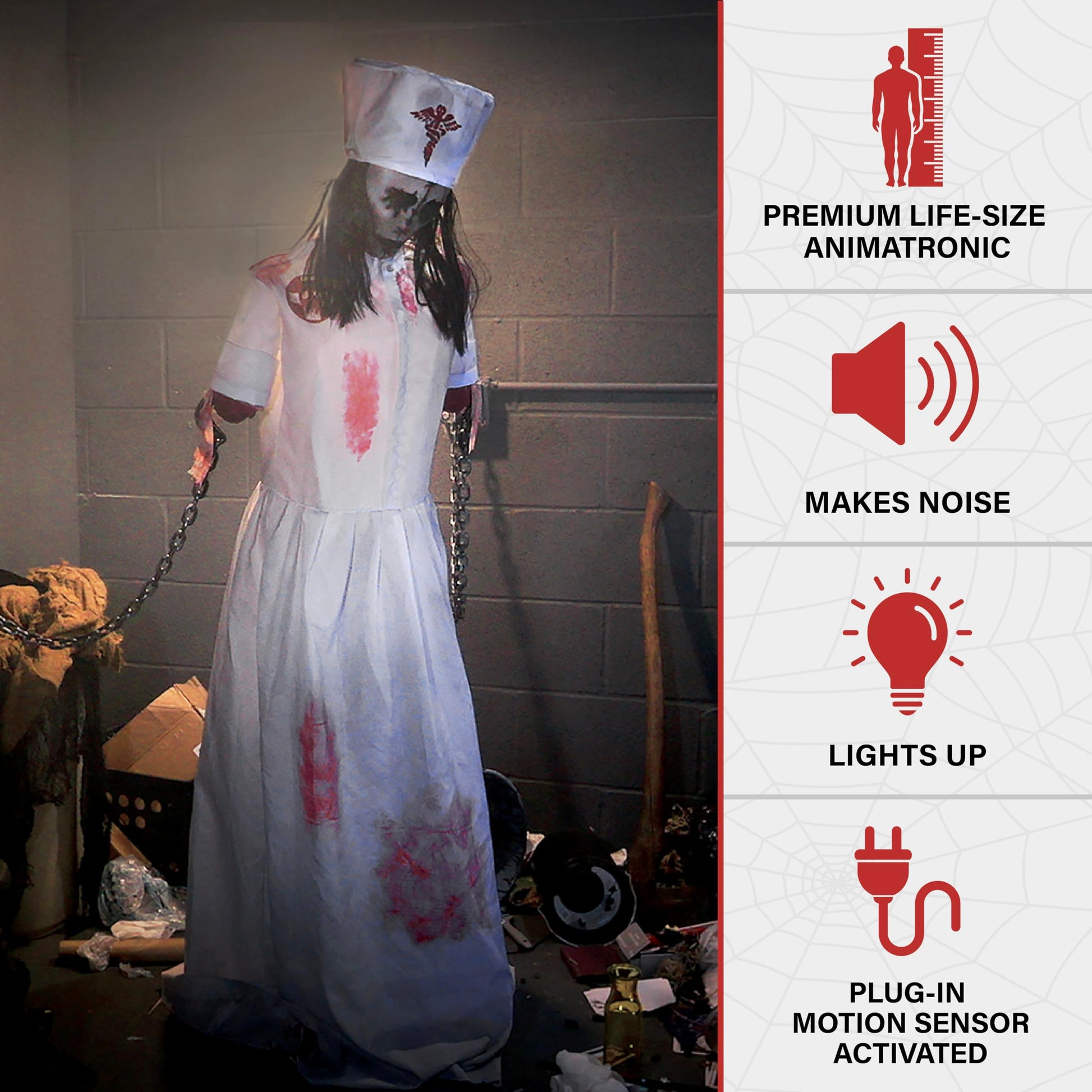 Haunted Hill Farm Lunging Pumpkin Carver Zombie Girl by Tekky, Motion-Activated Talking Halloween Animatronic for Indoor or Covered Outdoor Creepy Halloween Decorations, Plug-in or Battery Operated