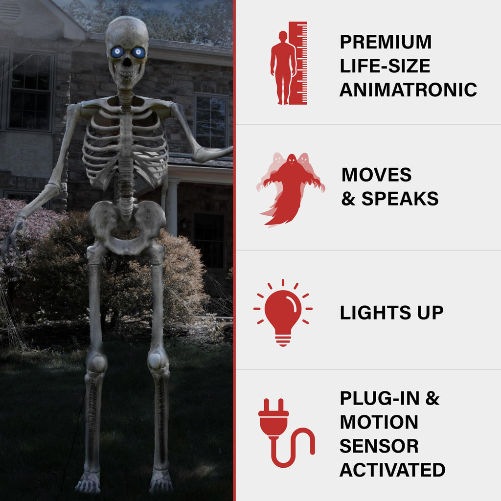 Haunted Hill Farm Motion-Activated 6-Ft. Tall Ghostly Guide, Plug-in Talking Scare Prop Animatronic with Spooky Sound Effects and Lights for Indoor or Covered Outdoor Creepy Halloween Decoration