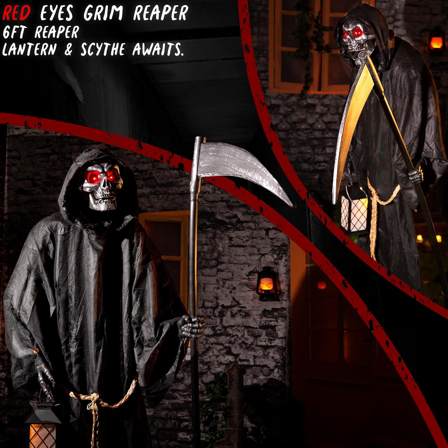Halloween Animatronics 6ft Grim Reaper, 72inch Animated Skeleton Decoration with Sensor Activated, Creepy Voice, Spooky Skull Head, Light Up Eyes, Haunted Scary Move Horror Prop for Indoor, Outdoor