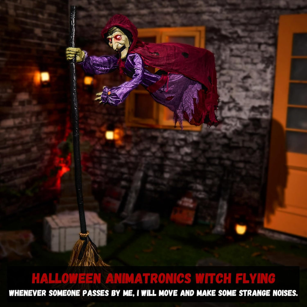 Halloween Animatronics Flying Witch Decorations, 6ft Animated Floating Witch with Sound Activated, Creepy Talking Sound, Mouth Move, Light Up Eyes, Haunted Decor Horror Prop for Outdoor, Yard Lawn