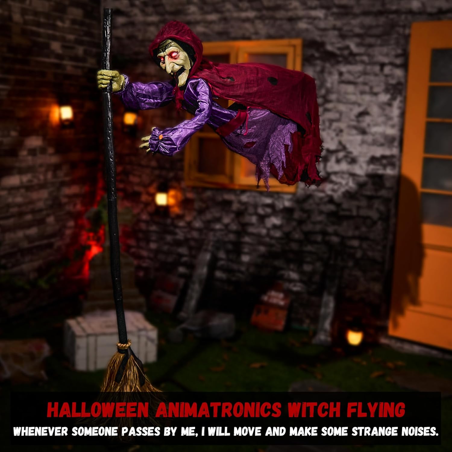 Halloween Animatronics Flying Witch Decorations, 6ft Animated Floating Witch with Sound Activated, Creepy Talking Sound, Mouth Move, Light Up Eyes, Haunted Decor Horror Prop for Outdoor, Yard Lawn