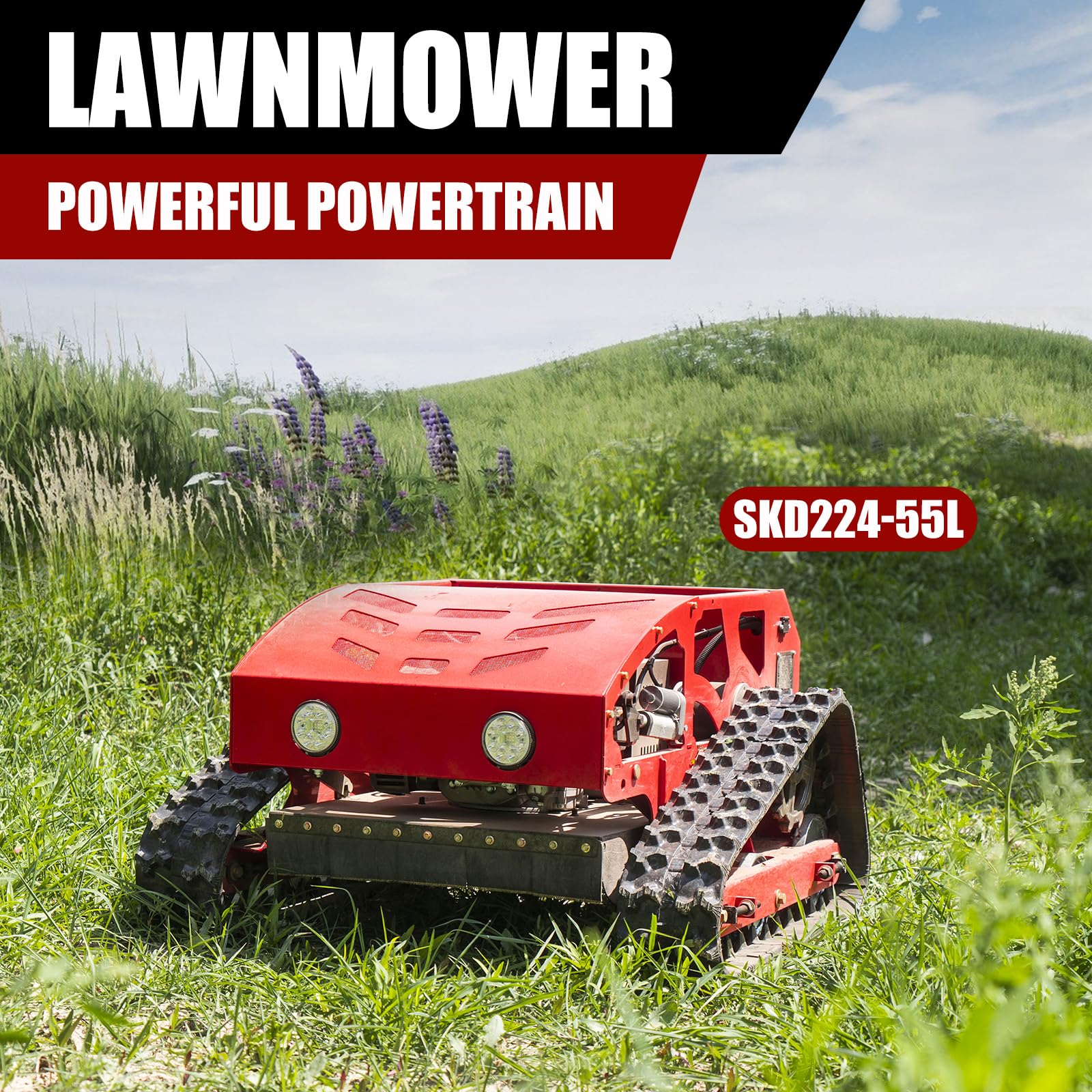 Lawn Mower, Remote Control Lawn Mower, Small Crawler Oil-Electric Hybrid Four-Wheel Drive Lawn Mowing and Weed Whacker, All Terrain Grass Cutter Yard Mower, 45° Climbing (SKD 224-55-SNOW)