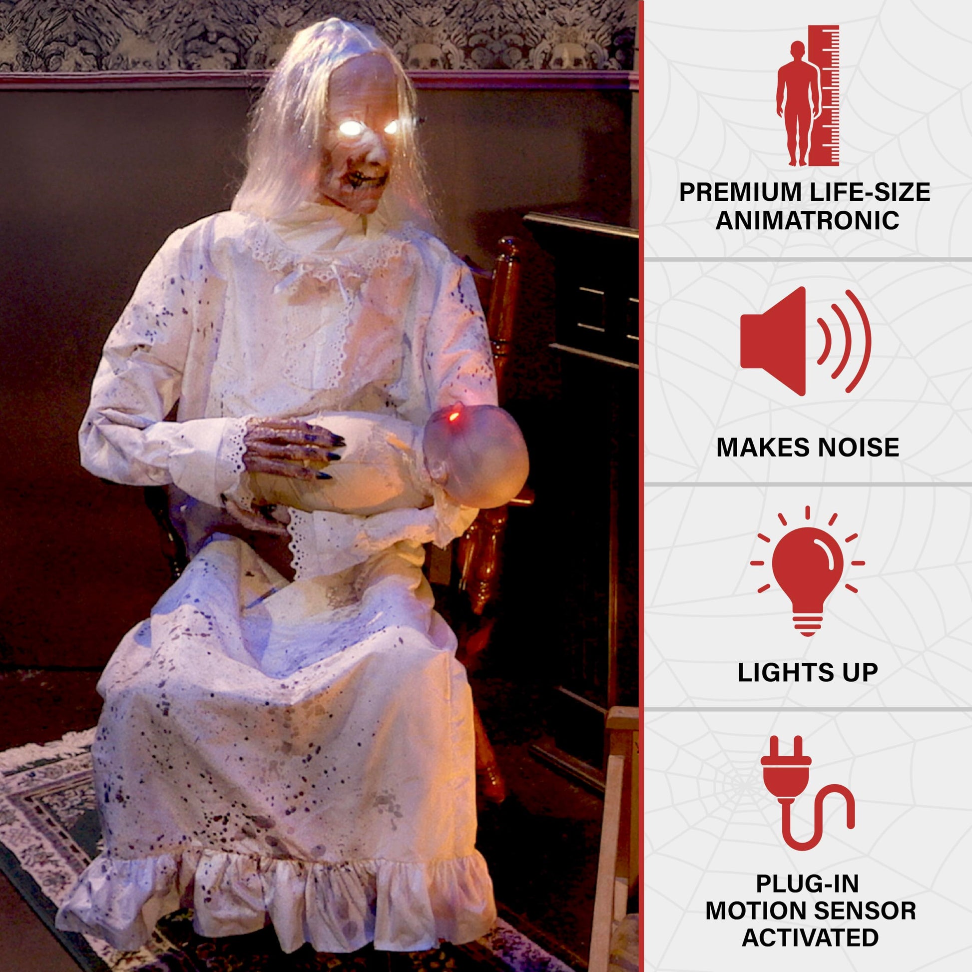 Haunted Hill Farm Lunging Pumpkin Carver Zombie Girl by Tekky, Motion-Activated Talking Halloween Animatronic for Indoor or Covered Outdoor Creepy Halloween Decorations, Plug-in or Battery Operated
