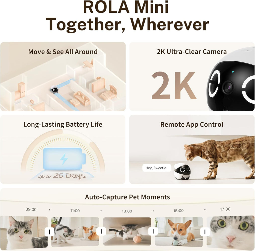 Enabot EBO 2K Camera Robot ROLA Mini: Movable Pet Camera Battery-Powered with Phone App, Indoor Cam w/One-Touch Call, 2-Way Talk, Night Vision, Motion Detection, Video Recording