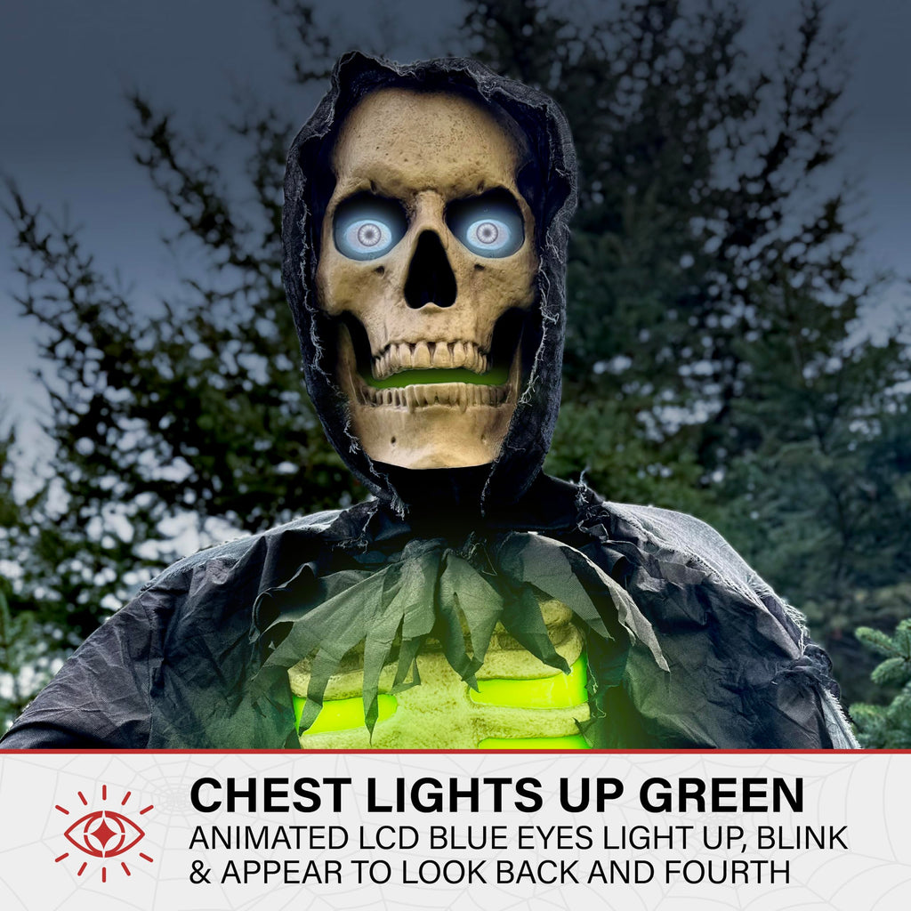 Haunted Hill Farm Motion-Activated 6-Ft. Tall Ghostly Guide, Plug-in Talking Scare Prop Animatronic with Spooky Sound Effects and Lights for Indoor or Covered Outdoor Creepy Halloween Decoration
