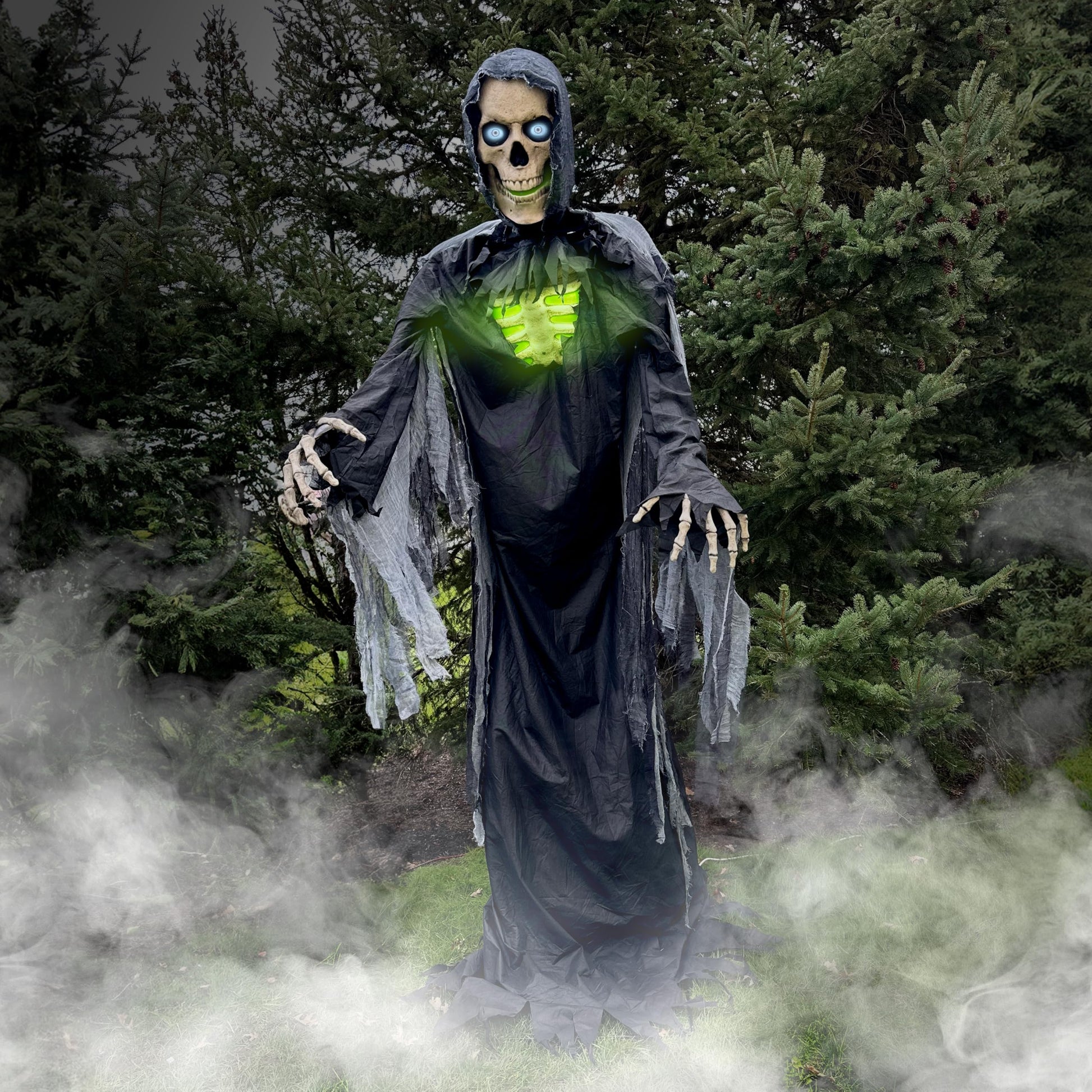 Haunted Hill Farm Motion-Activated 6-Ft. Tall Ghostly Guide, Plug-in Talking Scare Prop Animatronic with Spooky Sound Effects and Lights for Indoor or Covered Outdoor Creepy Halloween Decoration
