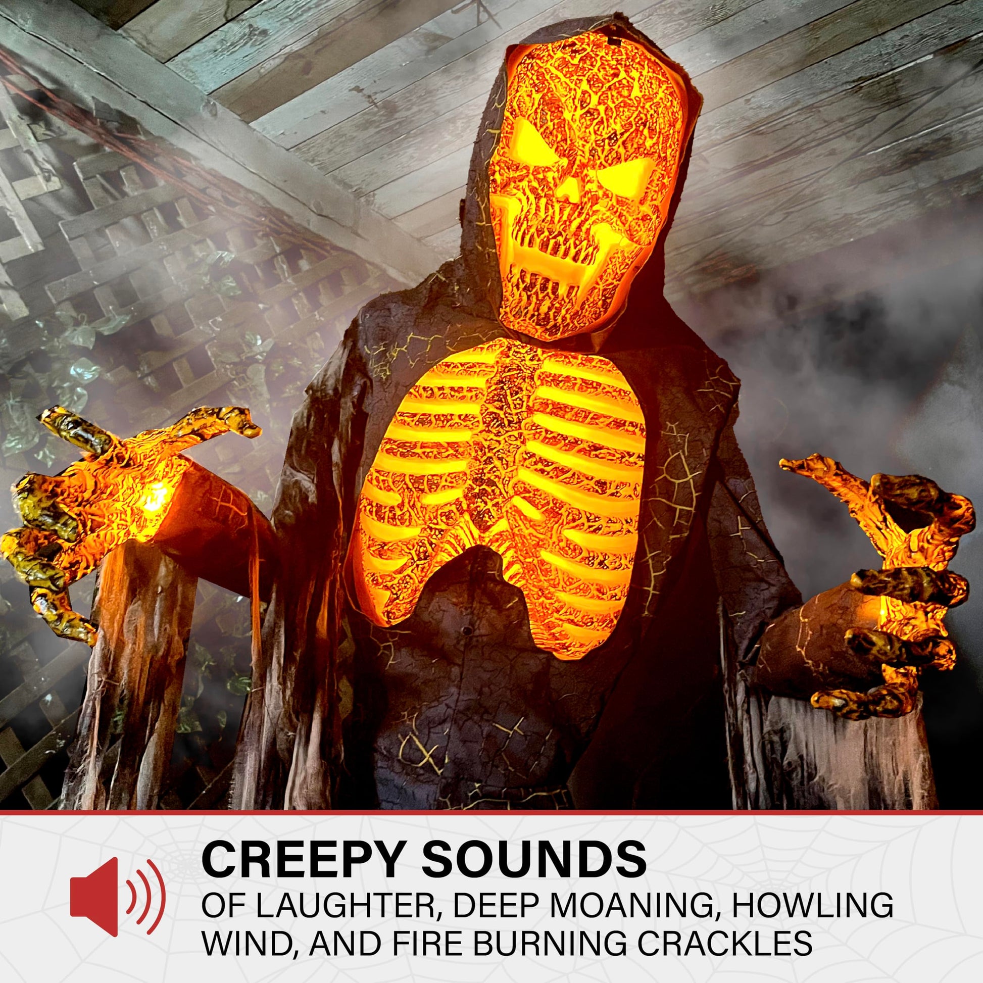 Haunted Hill Farm Motion-Activated 6-Ft. Tall Ghostly Guide, Plug-in Talking Scare Prop Animatronic with Spooky Sound Effects and Lights for Indoor or Covered Outdoor Creepy Halloween Decoration