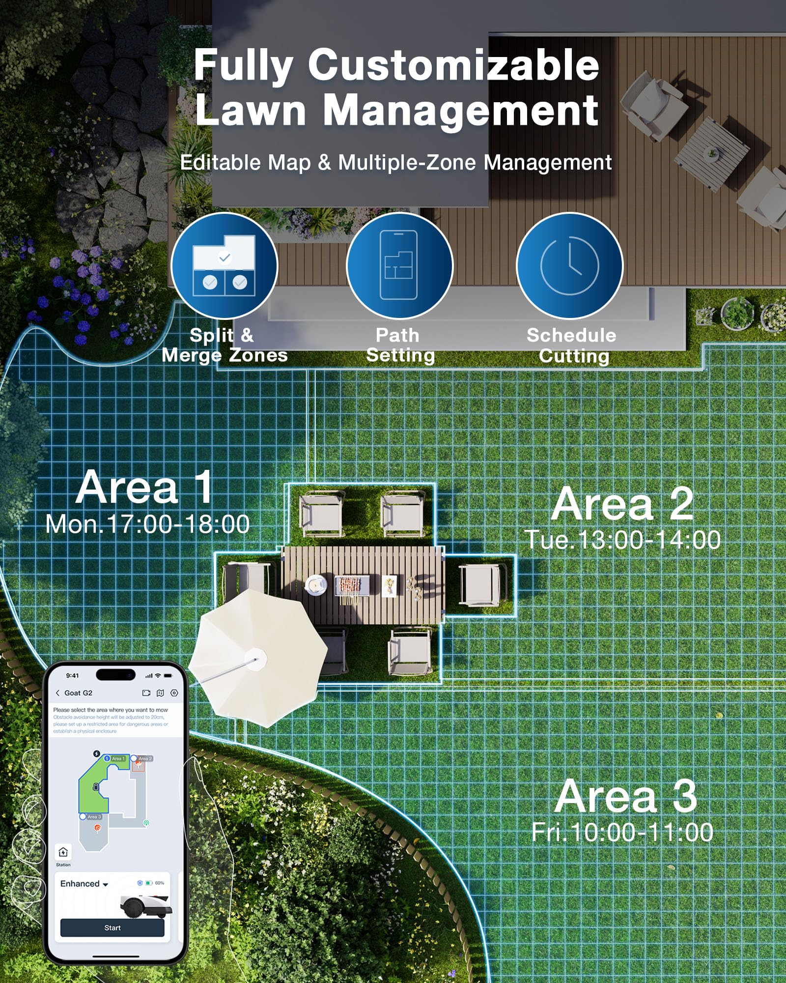 ECOVACS Goat O1000 RTK Robot Lawn Mower, Perimeter Wire Free Vision Robotic Lawnmower for 1/4 Acres Lawn, Automated Mapping, APP Control, 3D Obstacle Avoidance, Zero-Edge Cutting