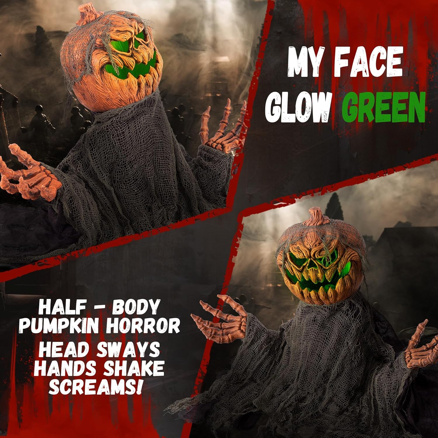 Halloween Animatronics Groundbreaker Pumpkin Decorations with Sound Activated, Creepy Sound, Light Up Eyes, Scary Move, Haunted House Holiday Spooky Decor Horror Prop for Indoor, Outdoor, Yard Lawn