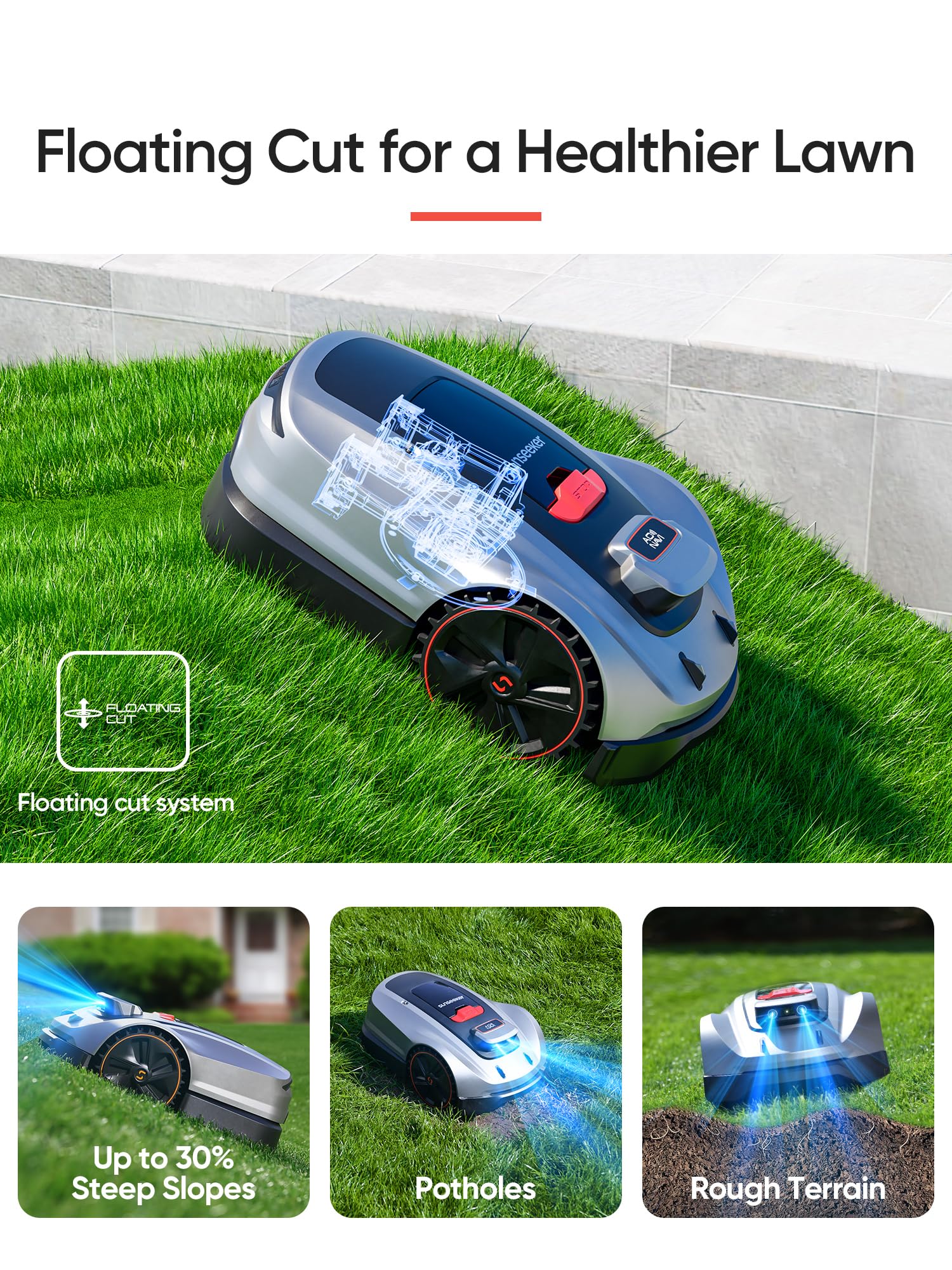 SUNSEEKER X7 Wireless Robot Lawn Mower 0.75 Acre/ 32,000Sq. Ft, with Smart APP Control, Vision AI System & RTK, Path Planning, Adaptive Floating Cut Height up to 4", for Medium to Large Yards