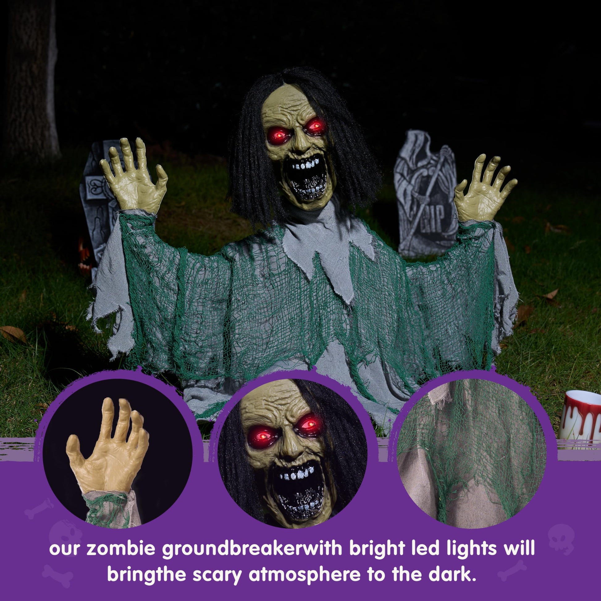 JOYIN Halloween Animated Zombie Groundbreaker Outdoor Decor with Light Up Eyes Creepy Animatronic Decorations with Movable Arms for Halloween Party Prop and Lawn Patio Yard Outside Decorations