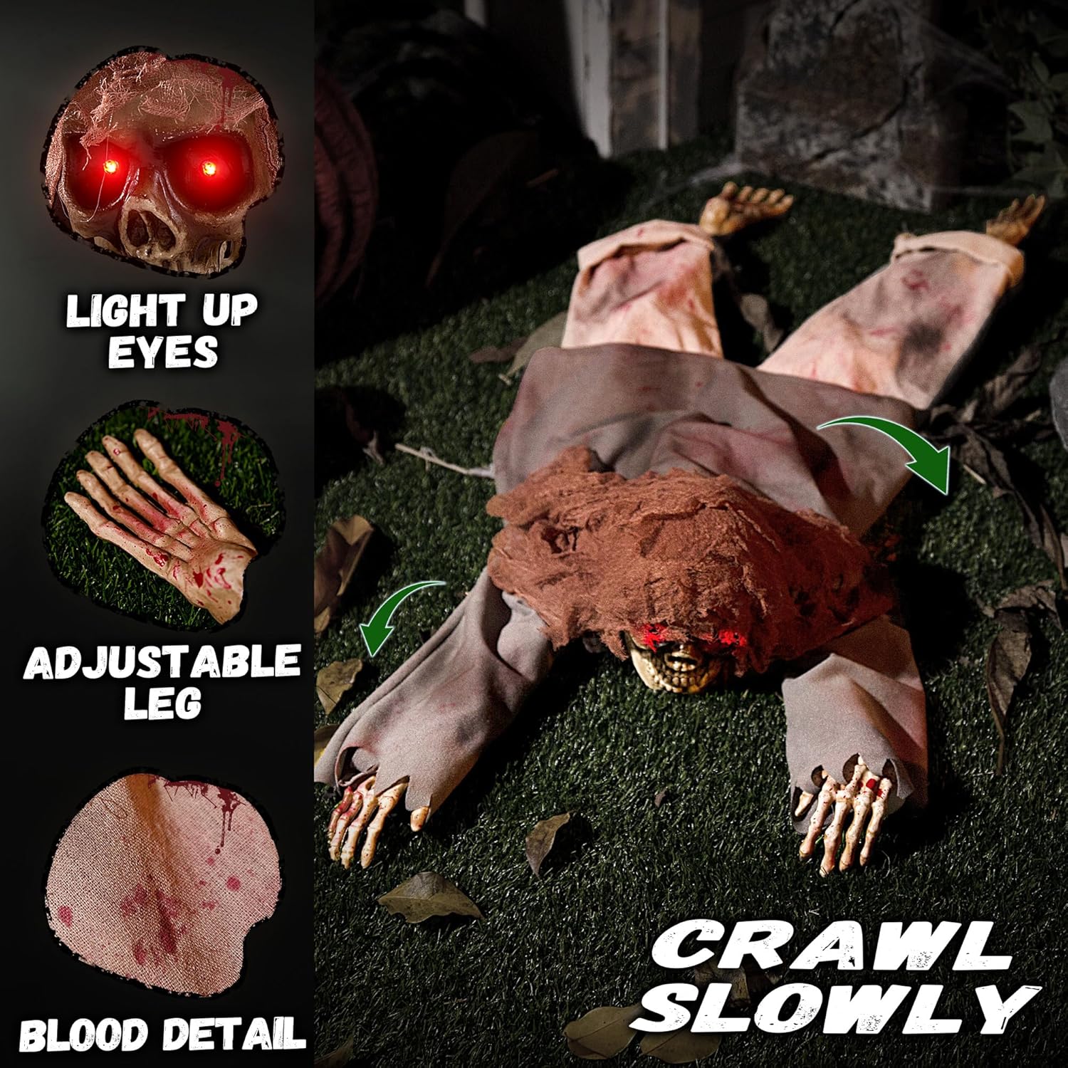 Halloween Animatronic 45" Crawling Zombie - Animated Skeleton Decorations with Sound Activated, Creepy Voice, Spooky Skull head, Light Up Eyes, Scary Move, Haunted Horror Prop for Indoor, Outdoor