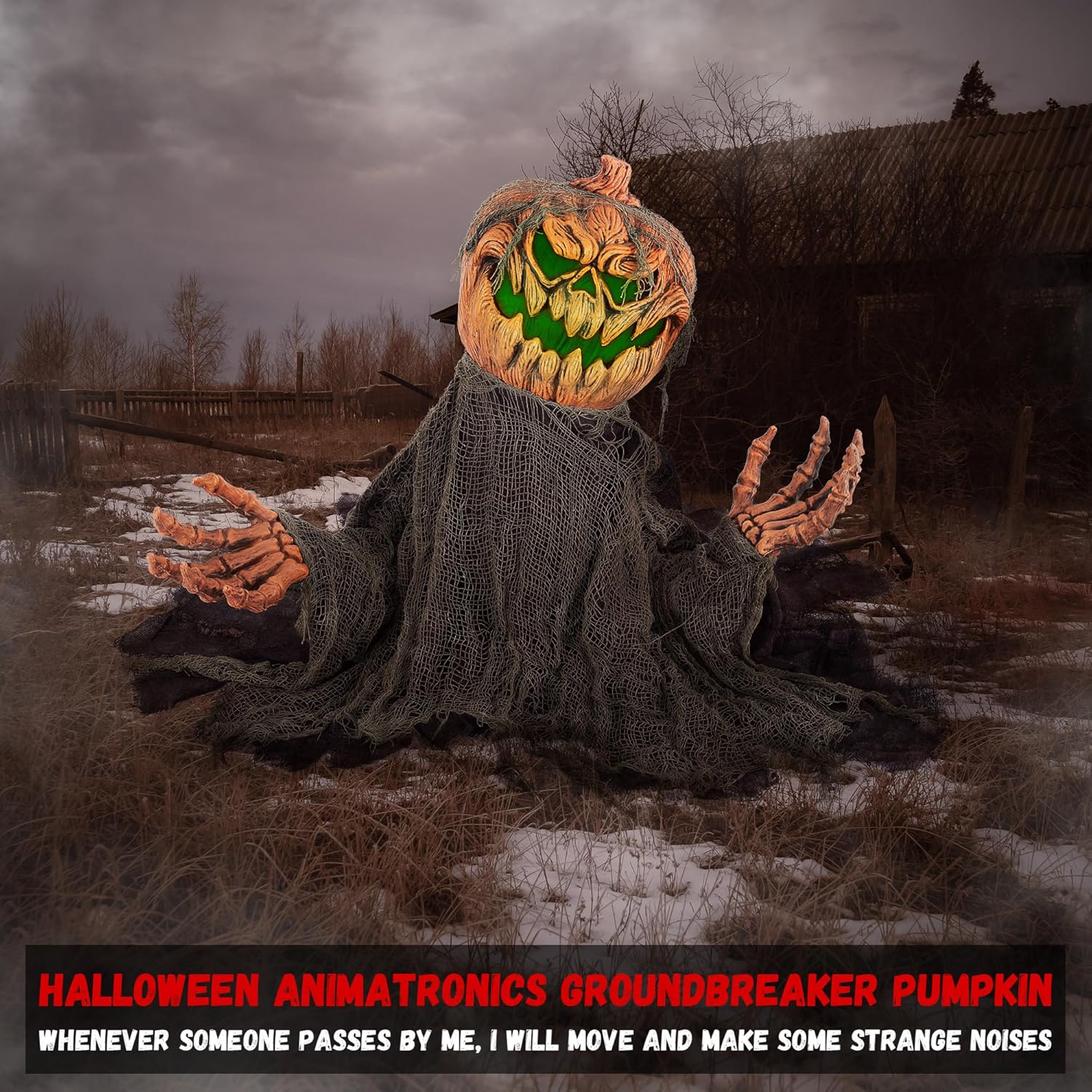 Halloween Animatronics Groundbreaker Pumpkin Decorations with Sound Activated, Creepy Sound, Light Up Eyes, Scary Move, Haunted House Holiday Spooky Decor Horror Prop for Indoor, Outdoor, Yard Lawn