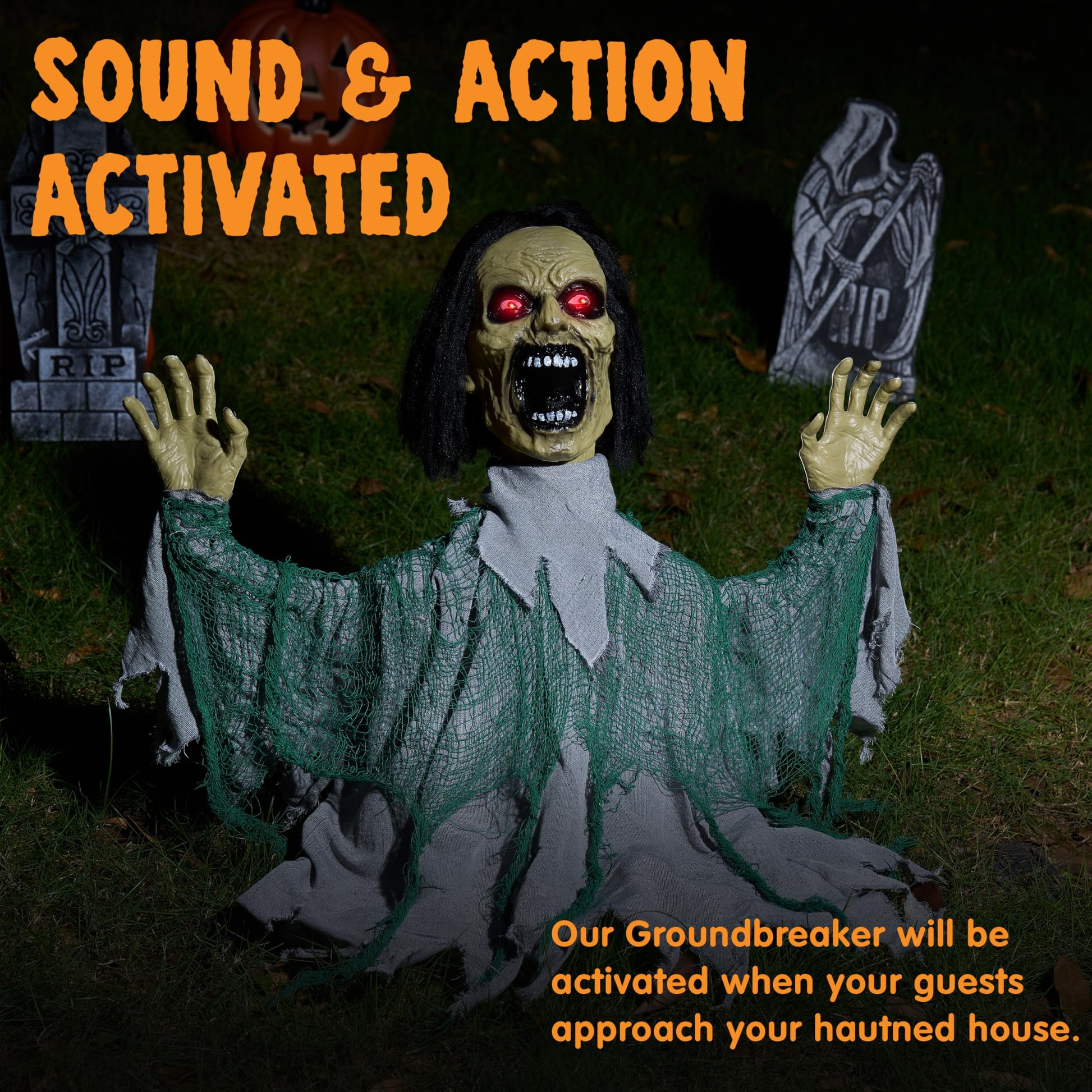 JOYIN Halloween Animated Zombie Groundbreaker Outdoor Decor with Light Up Eyes Creepy Animatronic Decorations with Movable Arms for Halloween Party Prop and Lawn Patio Yard Outside Decorations