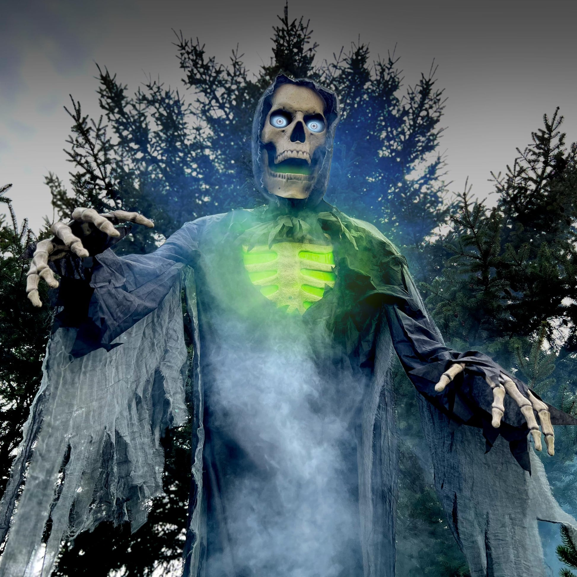 Haunted Hill Farm Motion-Activated 6-Ft. Tall Ghostly Guide, Plug-in Talking Scare Prop Animatronic with Spooky Sound Effects and Lights for Indoor or Covered Outdoor Creepy Halloween Decoration