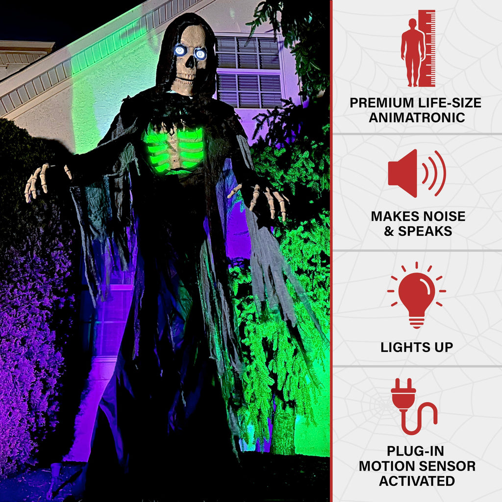 Haunted Hill Farm Motion-Activated 6-Ft. Tall Ghostly Guide, Plug-in Talking Scare Prop Animatronic with Spooky Sound Effects and Lights for Indoor or Covered Outdoor Creepy Halloween Decoration