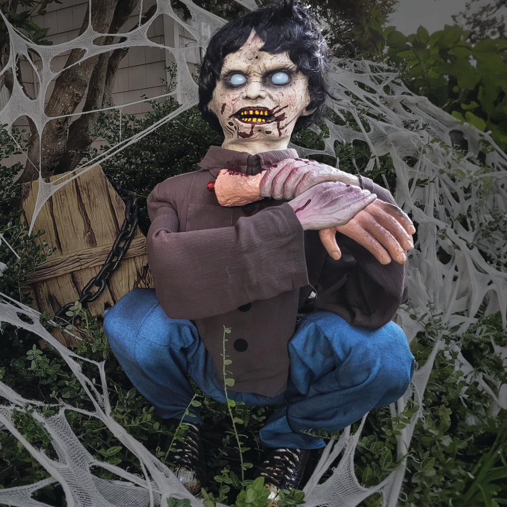 Haunted Hill Farm Lunging Pumpkin Carver Zombie Girl by Tekky, Motion-Activated Talking Halloween Animatronic for Indoor or Covered Outdoor Creepy Halloween Decorations, Plug-in or Battery Operated