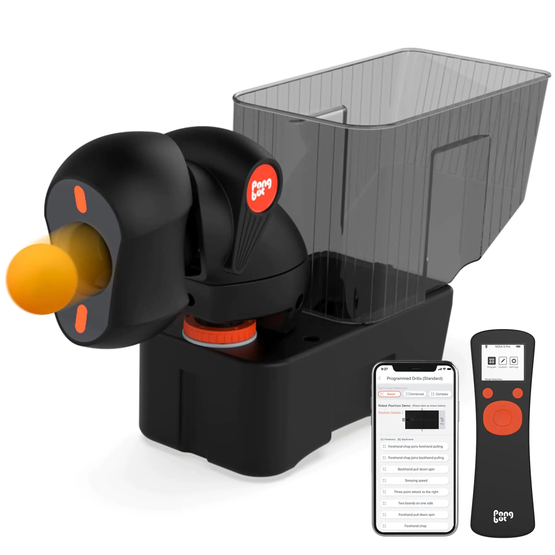 PONGBOT Table Tennis Robot Ping Pong Machine with Remote APP Control 264 Pre-Saved Training Drills Customize Spin Frequency Ball Speed Rotation Intensity Landing Height