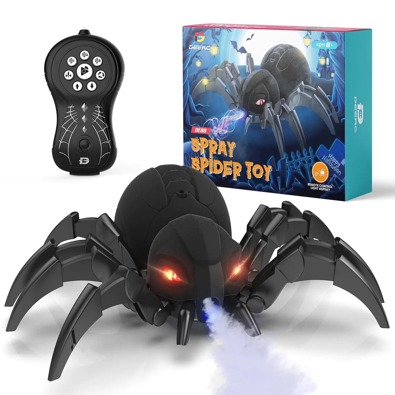 DEERC Remote Control Spider Robot Spide with Spray and Lights Black Widow Toy for Kids for Halloween Xmas Birthday Party Joke Prank Wireless RC Realistic Bot Moving Real Music Effect Tarantula